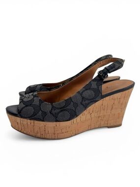 Coach Ferry Wedge Jacquard Monogram Black/Smoke/Black Cork Shoes